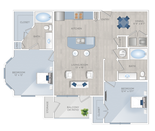 Floor plan for 2 beds, 2 baths, 1085 sqft